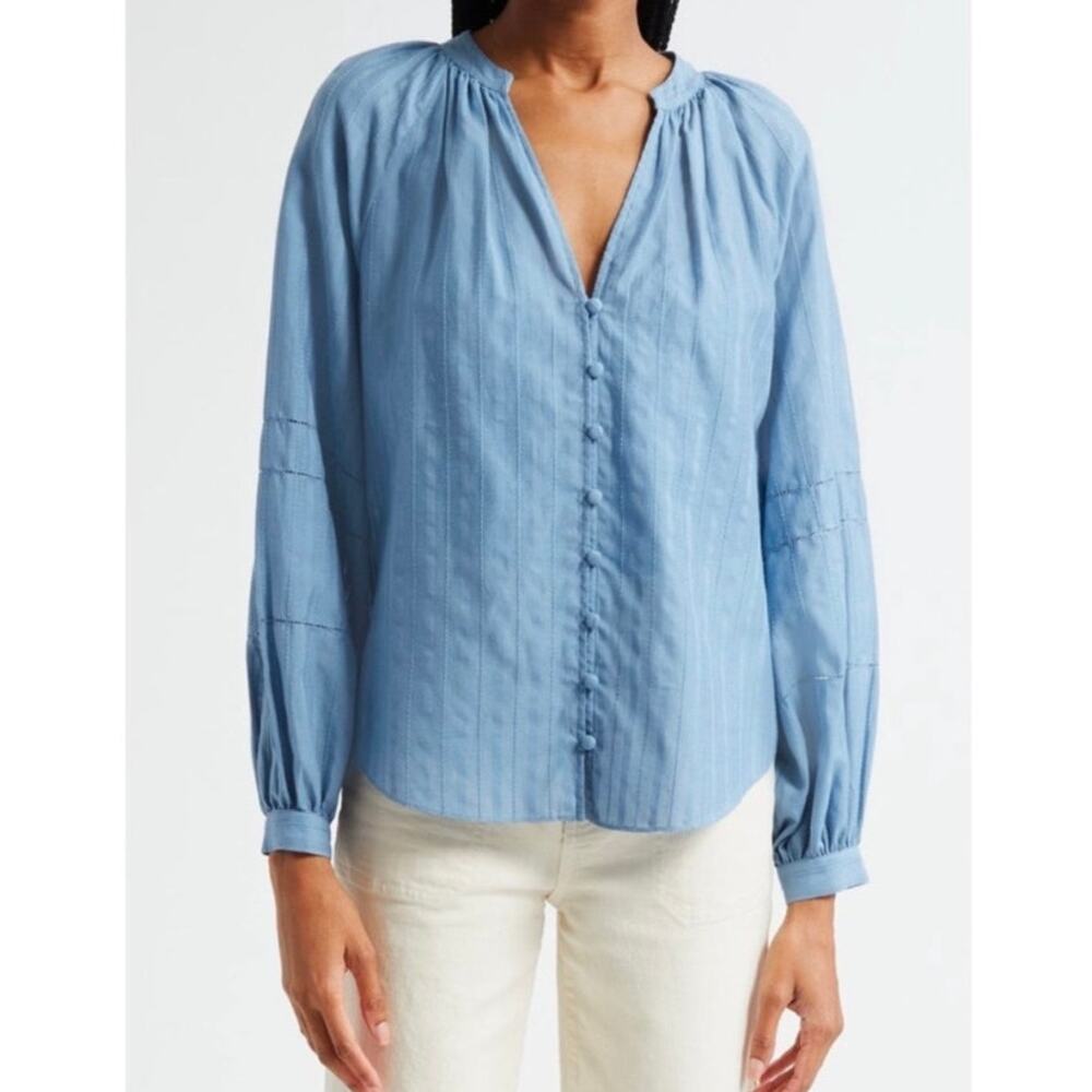 Veronica Beard Ailani Blouse Top Button Front Women Sz 2 XS Blue Cotton Silk